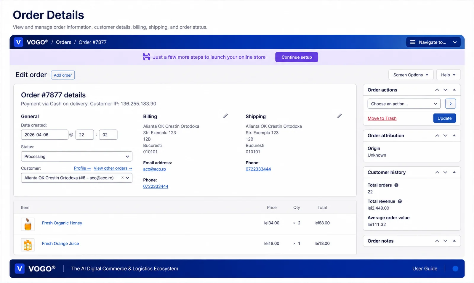 Order details dashboard